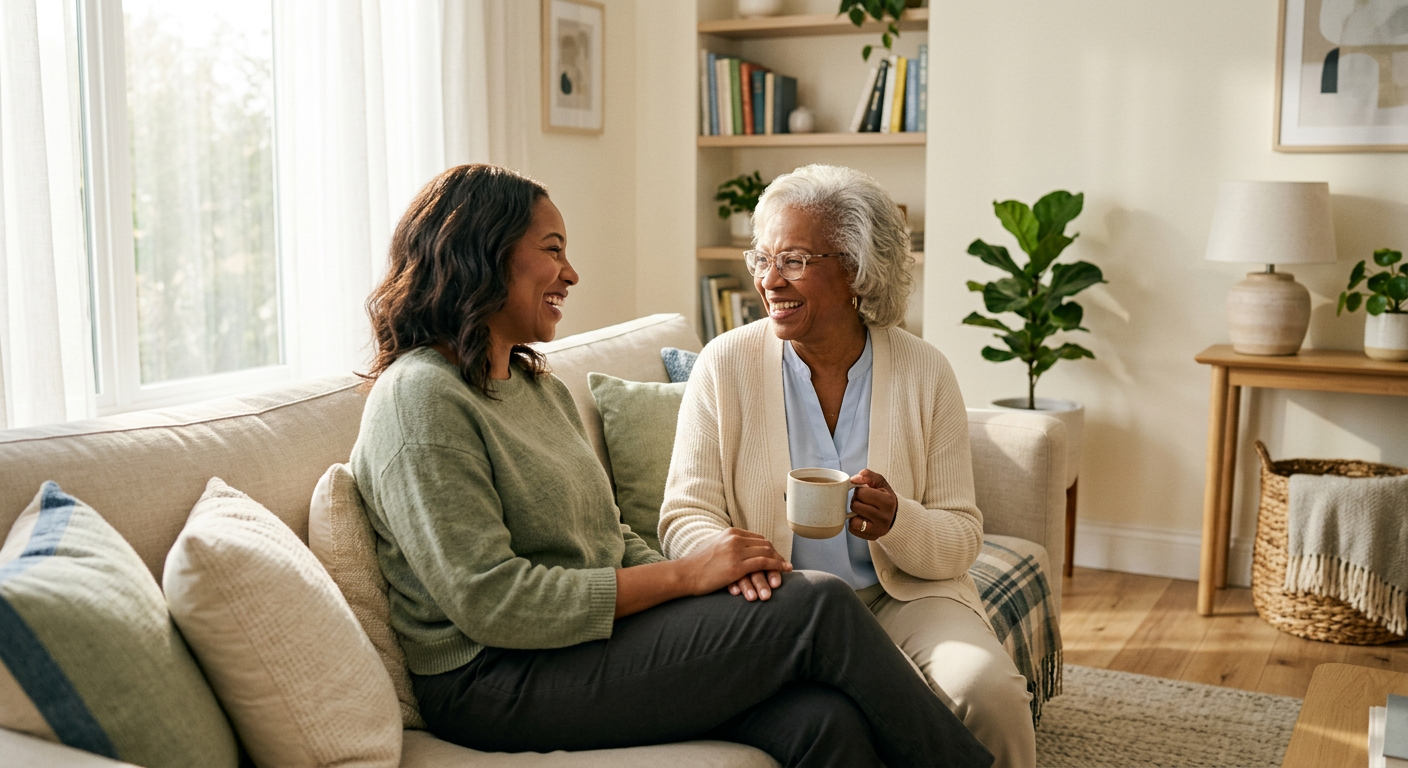 An older adult and family member sharing time together at home