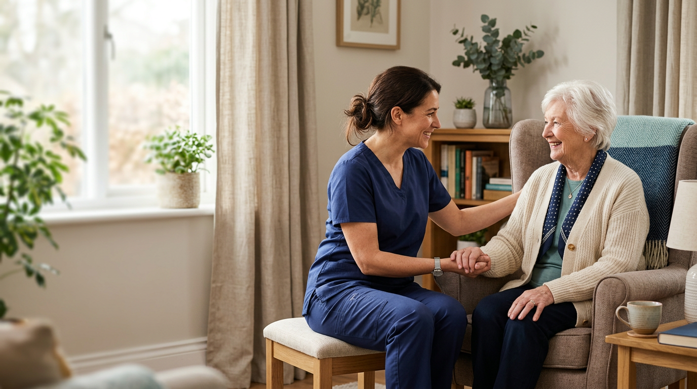 A caregiver and older adult sharing a warm conversation at home
